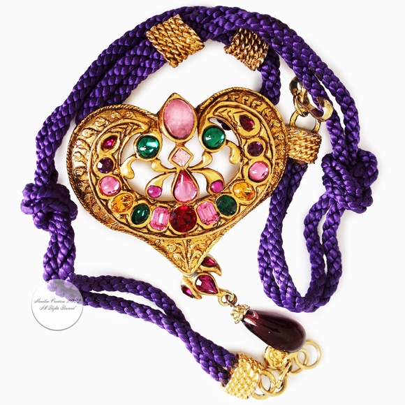 Christian Lacroix Statement Necklace Large Heart Pendant Glass Cabochons Vintage - Picture 1 of 12